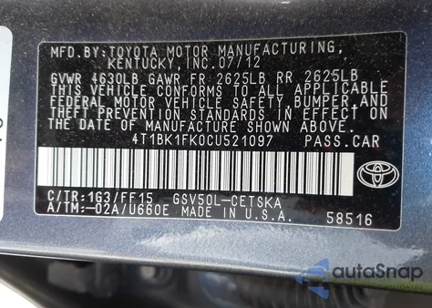 2012 Toyota Camry Se V6 z USA, uszkodzony, nr VIN 4T1BK1FK0CU521097